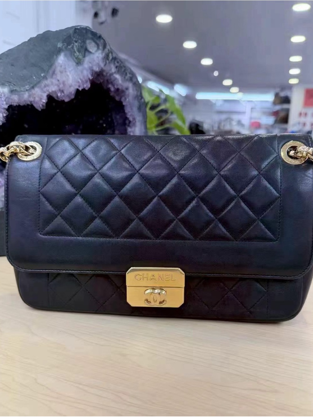 CHANEL Black Quilted Leather Shoulder Bag with Gold Hardware